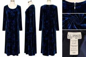 Vintage K.C. Spencer Blue Floral Velvet Burnout Maxi Dress Plus Size 18W USA